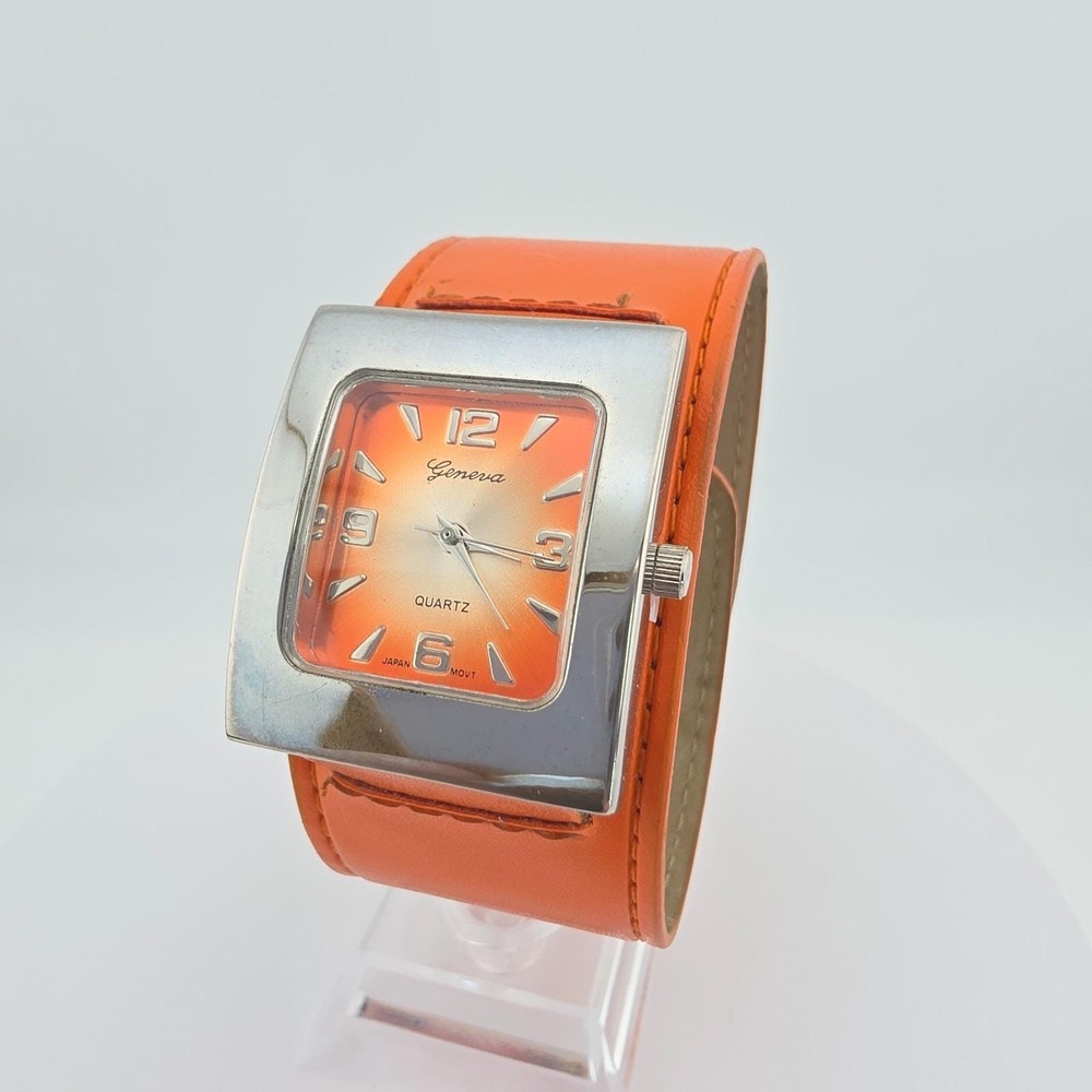 Vtg GENEVA Ladies Watch Orange Dial Faux Leather Slap Band Silver Plate 8.75"